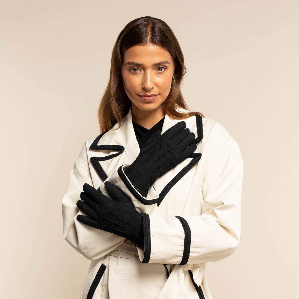 Elizabeth (black) - suede leather gloves with warm faux fur lining - Schwartz & von Halen - UK - 6