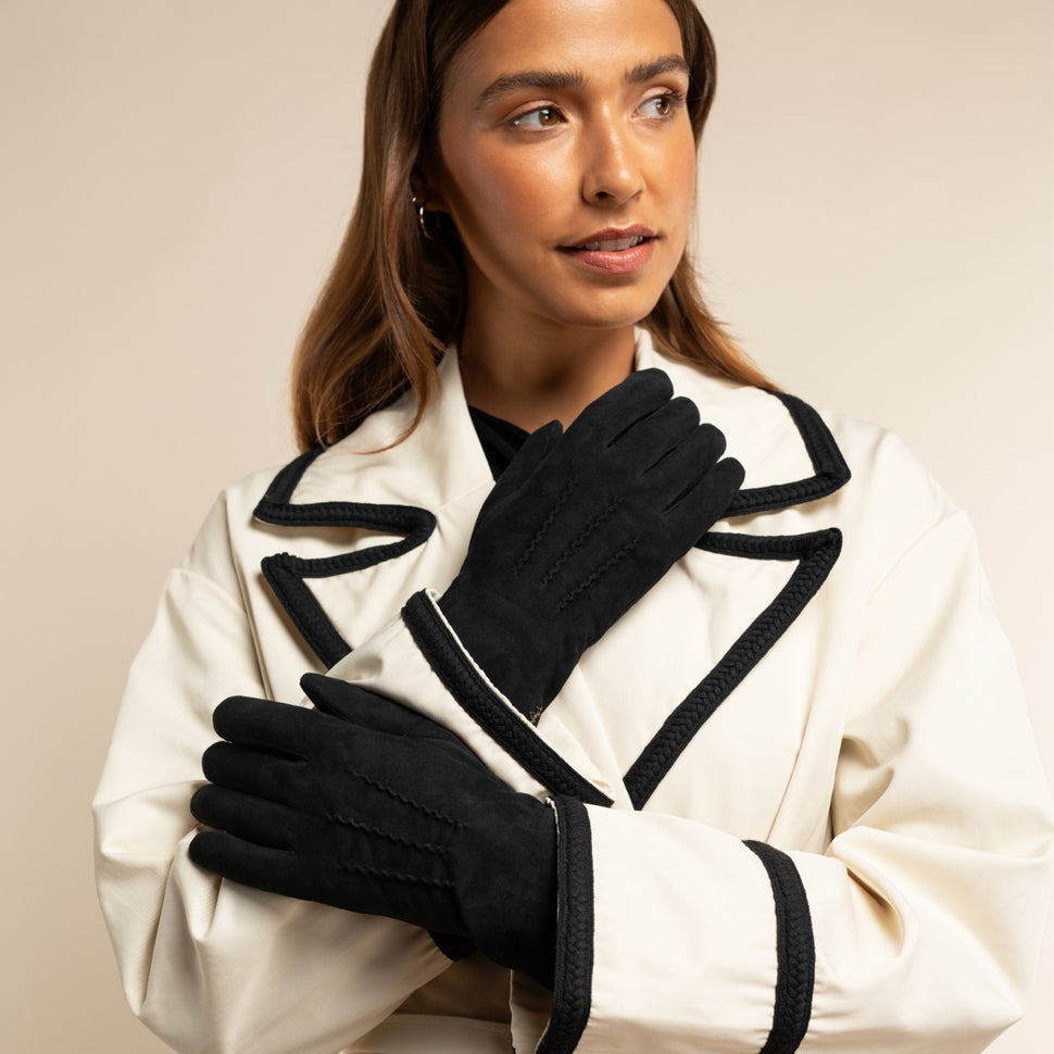 Elizabeth (black) - suede leather gloves with warm faux fur lining - Schwartz & von Halen - UK - 8