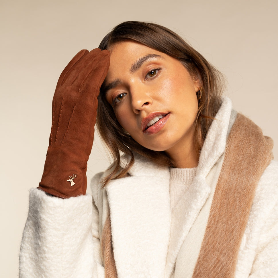 Elizabeth (brown) - suede leather gloves with warm faux fur lining - Schwartz & von Halen - UK - 9