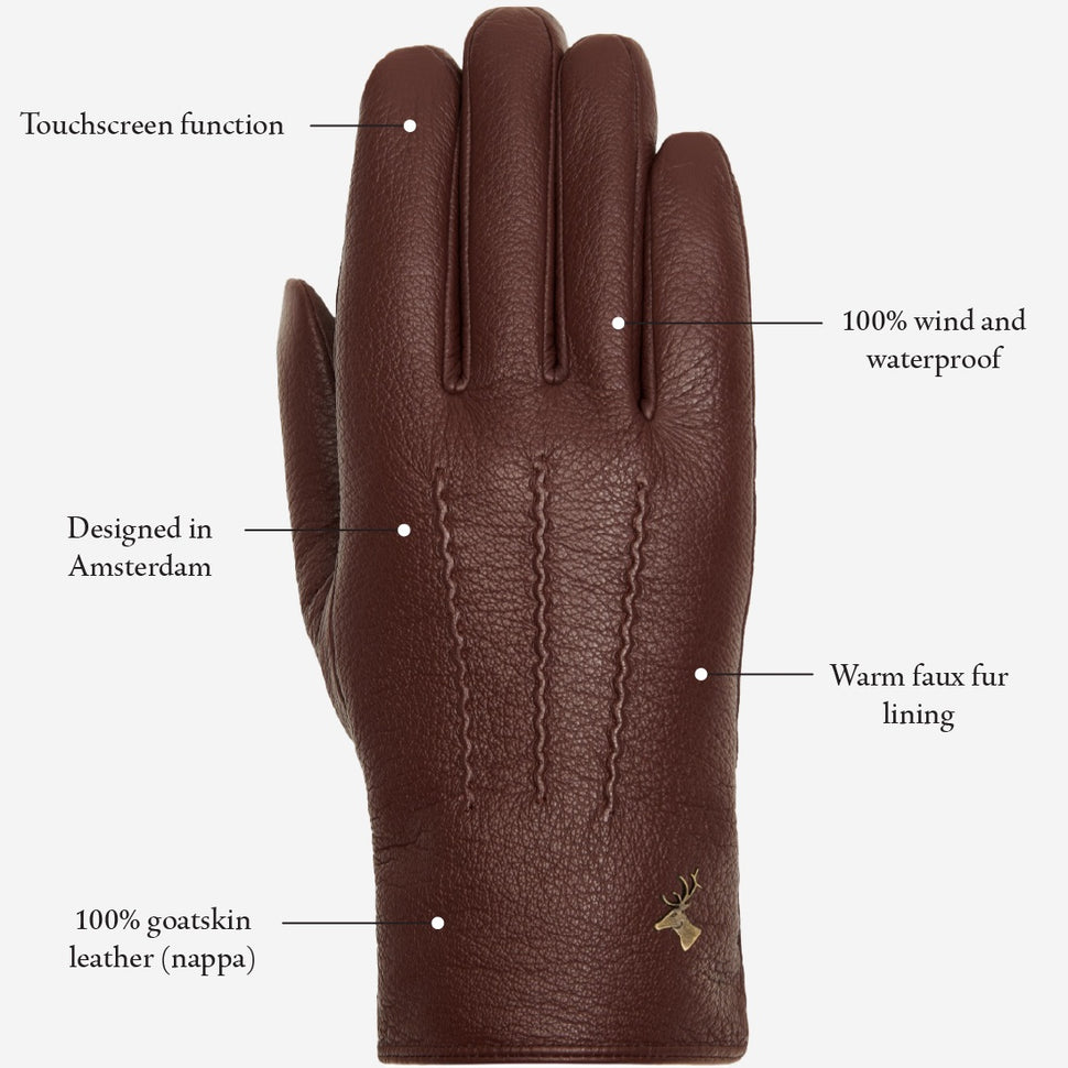 Jaxon (brown) - goatskin leather gloves with luxurious faux fur lining & touchscreen feature - Schwartz & von Halen - UK - 14