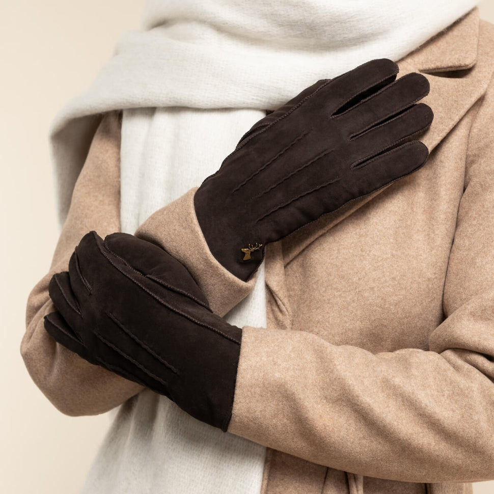 Josie (brown) - suede goatskin leather gloves with luxurious shearling lining - Schwartz & von Halen - UK - 6