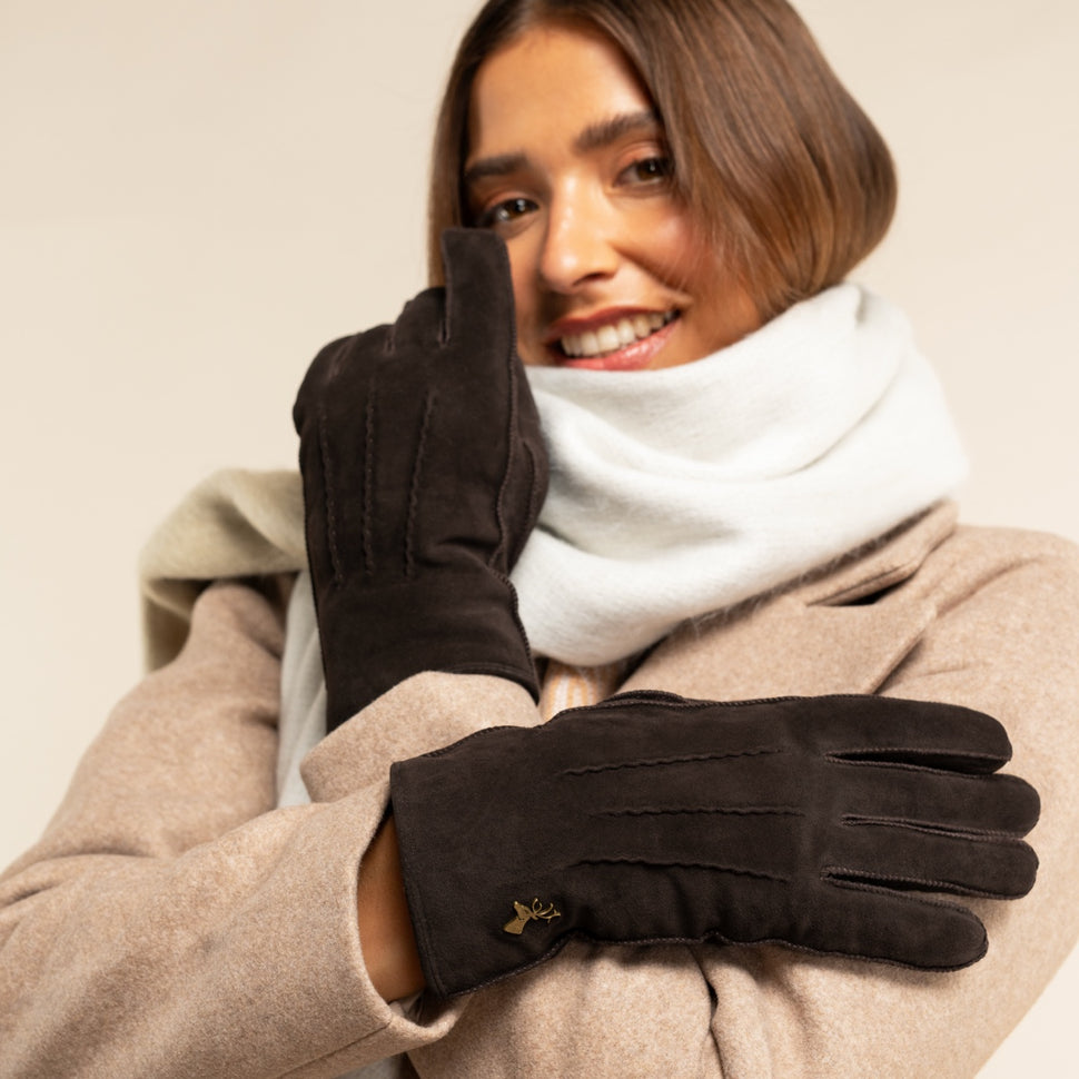 Josie (brown) - suede goatskin leather gloves with luxurious shearling lining - Schwartz & von Halen - UK - 7