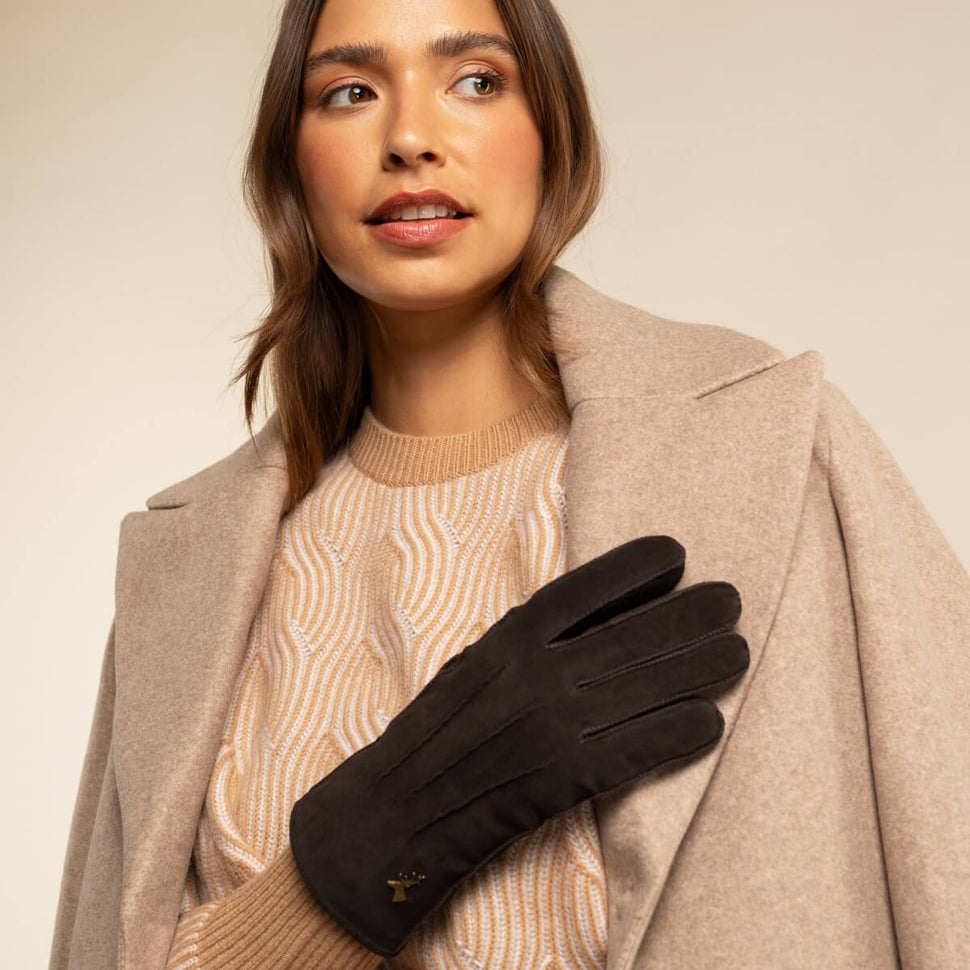 Josie (brown) - suede goatskin leather gloves with luxurious shearling lining - Schwartz & von Halen - UK - 10