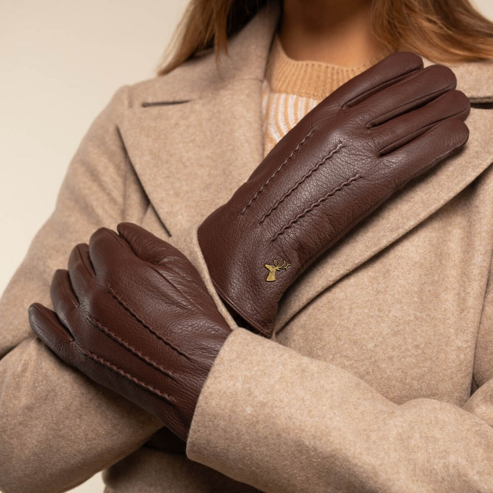 Julia (brown) - goatskin leather gloves with luxury faux fur lining & touchscreen feature - Schwartz & von Halen - UK - 7