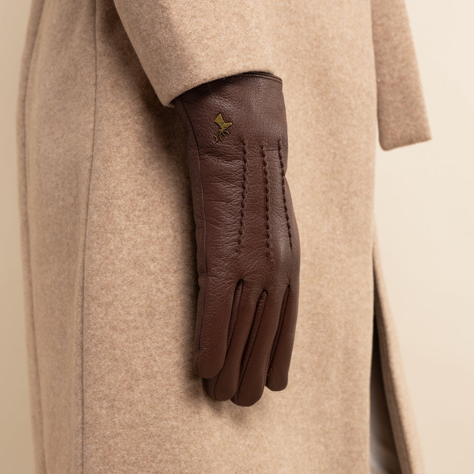 Julia (brown) - goatskin leather gloves with luxury faux fur lining & touchscreen feature - Schwartz & von Halen - UK - 9