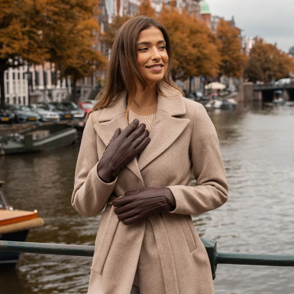Julia (brown) - goatskin leather gloves with luxury faux fur lining & touchscreen feature - Schwartz & von Halen - UK - 12