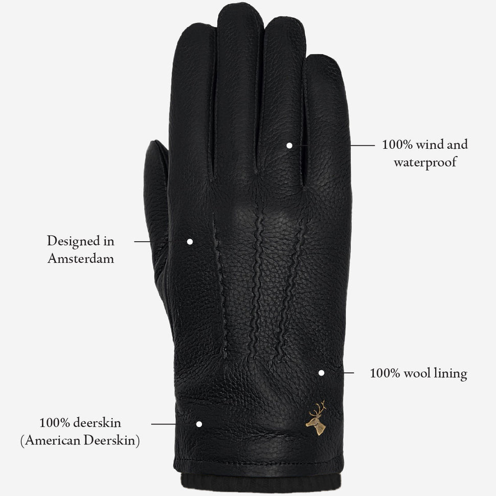Columbus (black) – deerskin (American deerskin) leather gloves with warm wool lining - Schwartz & von Halen - UK - 12