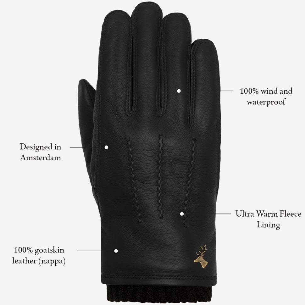 William (black) - goatskin leather gloves with warm fleece lining and press-stud - Schwartz & von Halen - UK - 9