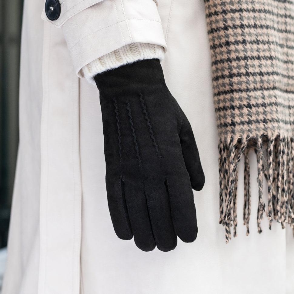 Elizabeth (black) - suede leather gloves with warm faux fur lining - Schwartz & von Halen - UK - 7
