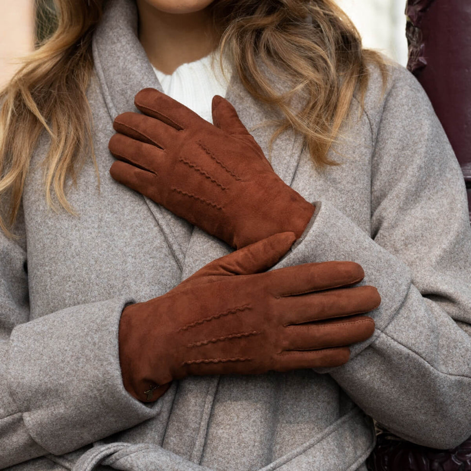 Elizabeth (brown) - suede leather gloves with warm faux fur lining - Schwartz & von Halen - UK - 8