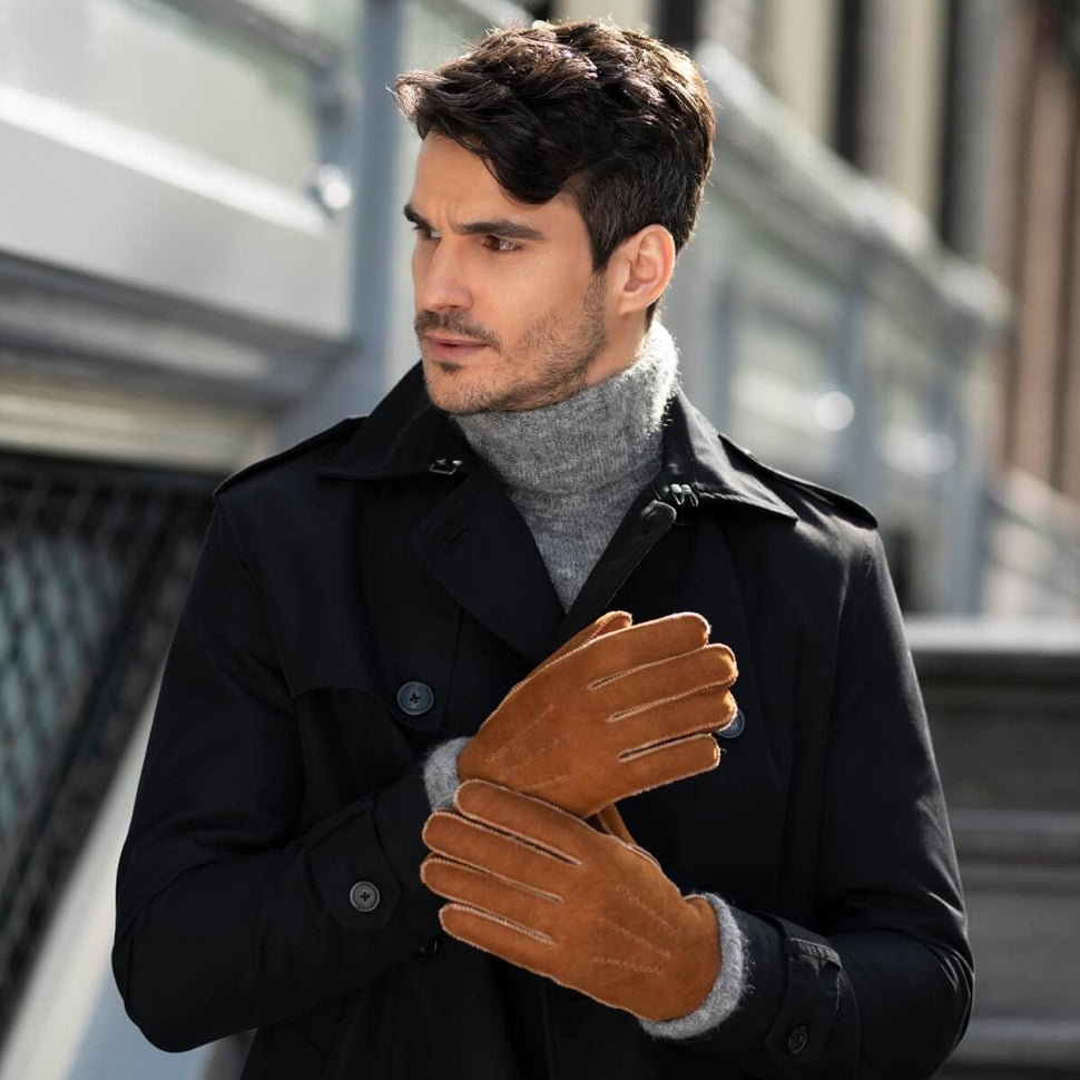 Clooney (camel) - suede leather gloves with luxurious sheep fur lining - Schwartz & von Halen - UK - 8