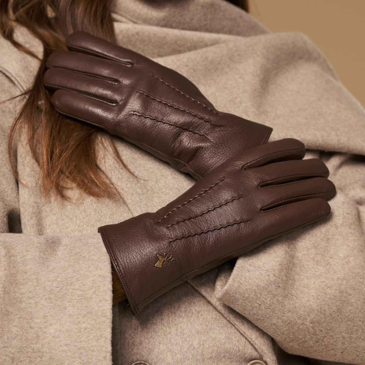 Leather Gloves Women Brown Lambswool Lining Touchscreen