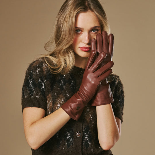 Emma (brown) - Extra-long sheepskin leather gloves with luxurious cashmere lining & touchscreen feature
