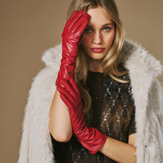 Emma (red) - Extra-long sheepskin leather gloves with luxurious cashmere lining & touchscreen feature
