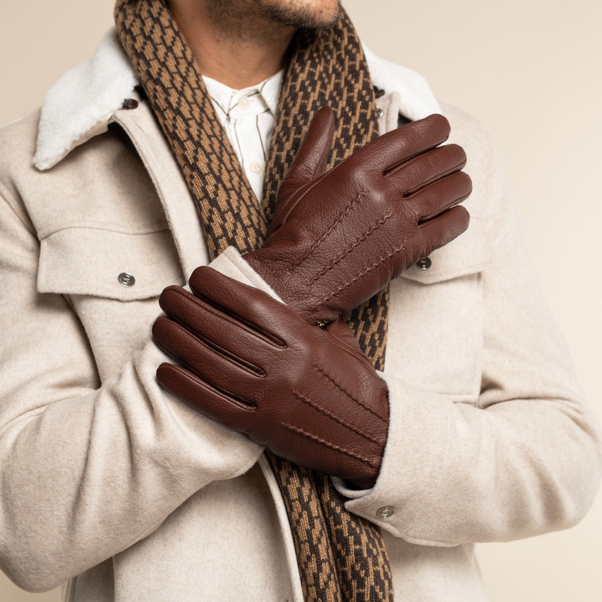Cognac Leather Gloves Men Touchscreen Warm Lining Schwartz von Halen