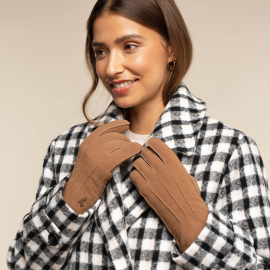 Josie (camel) - Suede goatskin leather gloves with luxurious shearling lining