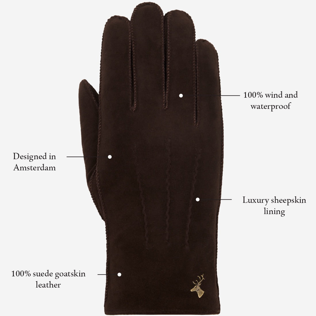Suede Goatskin Leather Gloves - Shearling Lining - Brown