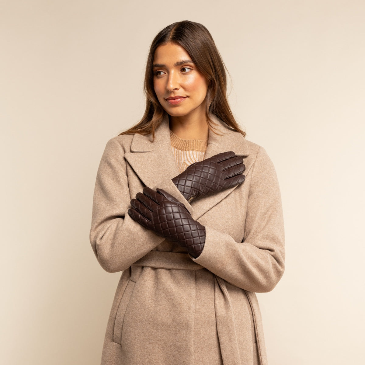 Brown Leather Gloves - Luxury Pattern - Touchscreen - Women
