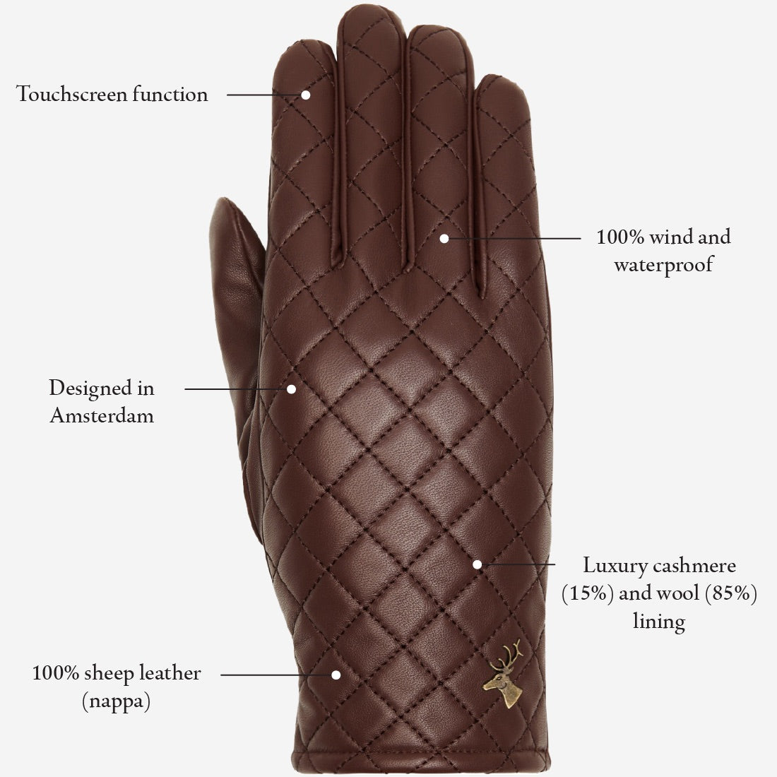 Brown Leather Gloves - Luxury Pattern - Touchscreen - Women