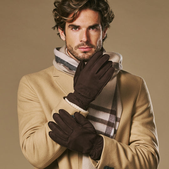 Winston (dark brown) - Men’s nubuck leather gloves with thick primaloft lining and snap button closure
