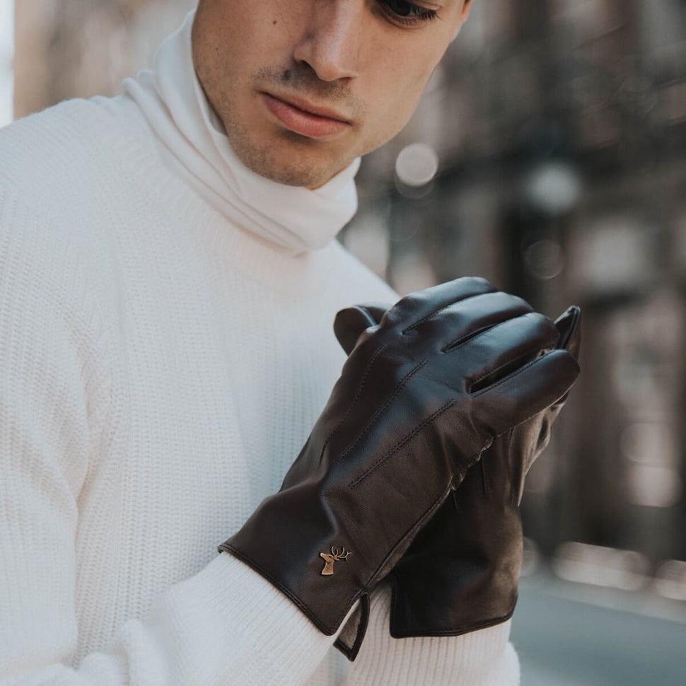 Vegan Leather Gloves for Men Fleece Lining Touchscreen Schwartz